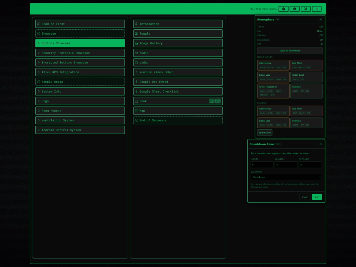 TTRPG Terminal Simulator button list with an atmosphere control panel and countdown timer open